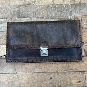 Vintage Genuine Leather Wallet Metal Clasp Closure & Hidden Pocket Tooled